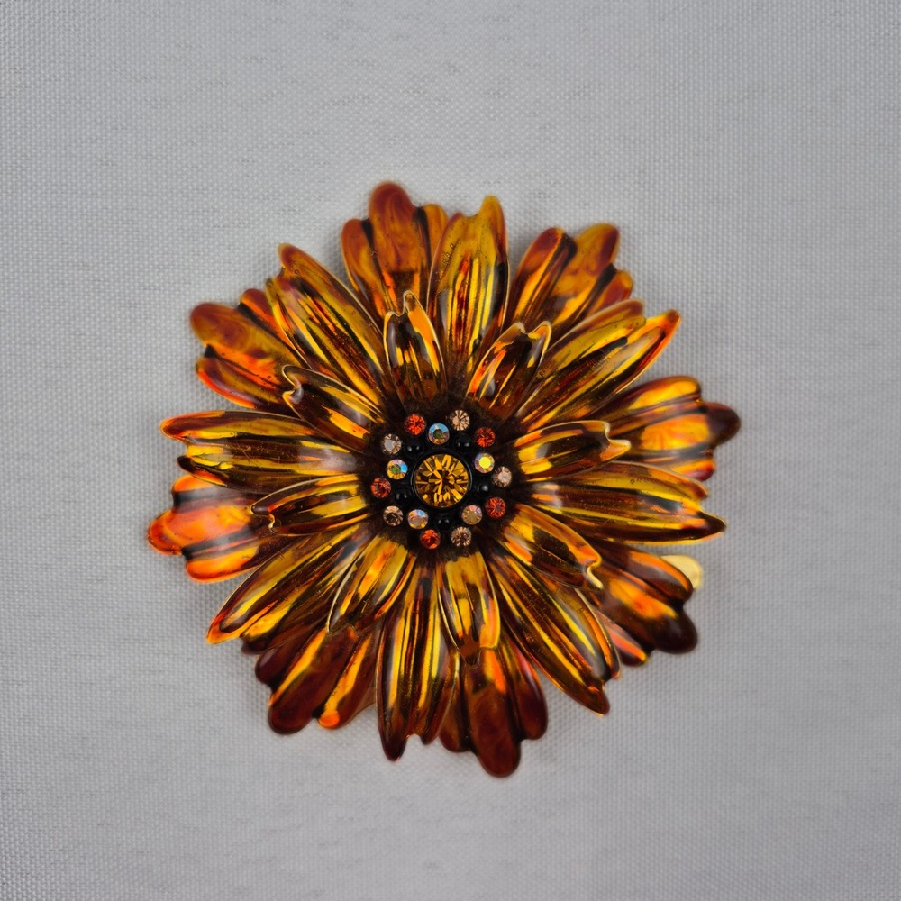 Joan Rivers Vtg 90s Orange Chrysanthemum Brooch & Clip Earrings Rhinestone - Picture 2 of 10